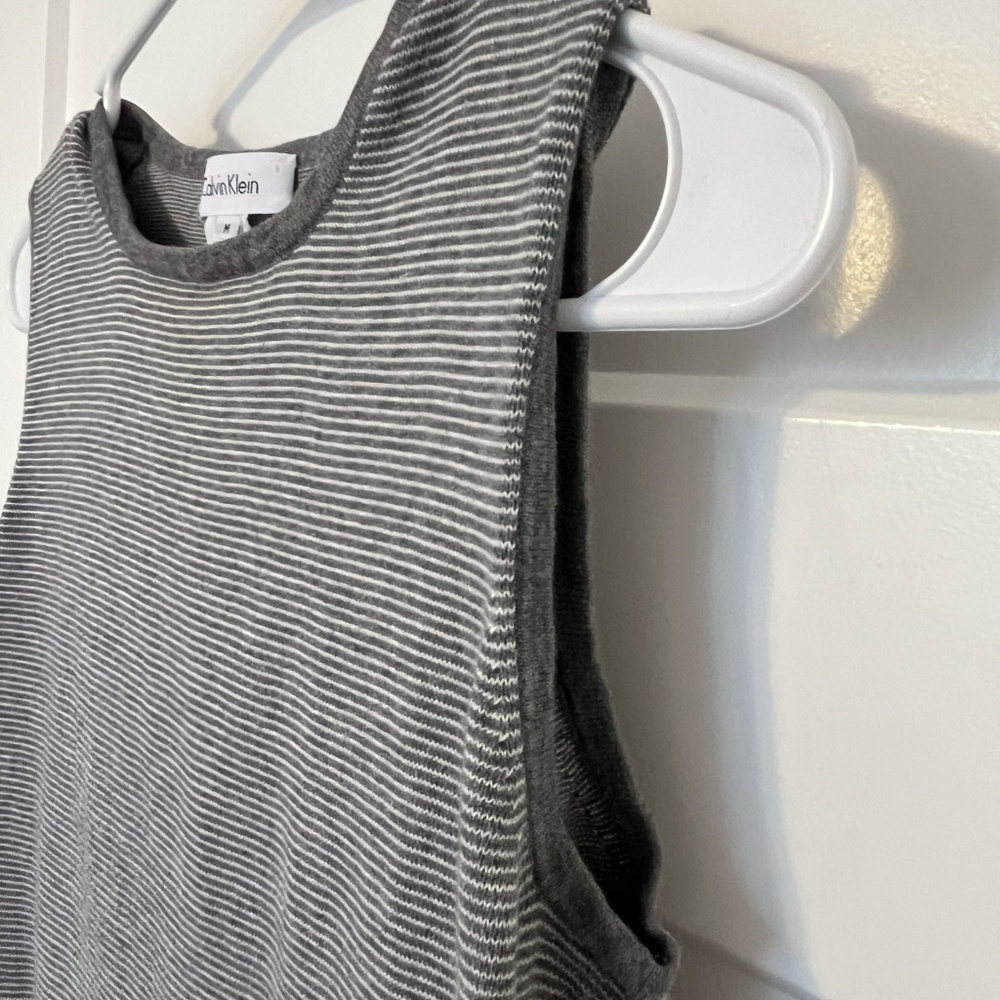 Calvin Klein 2 Piece Tank Top Cardigan Set Women 100% Cotton Gray White Stripe M - Picture 8 of 16